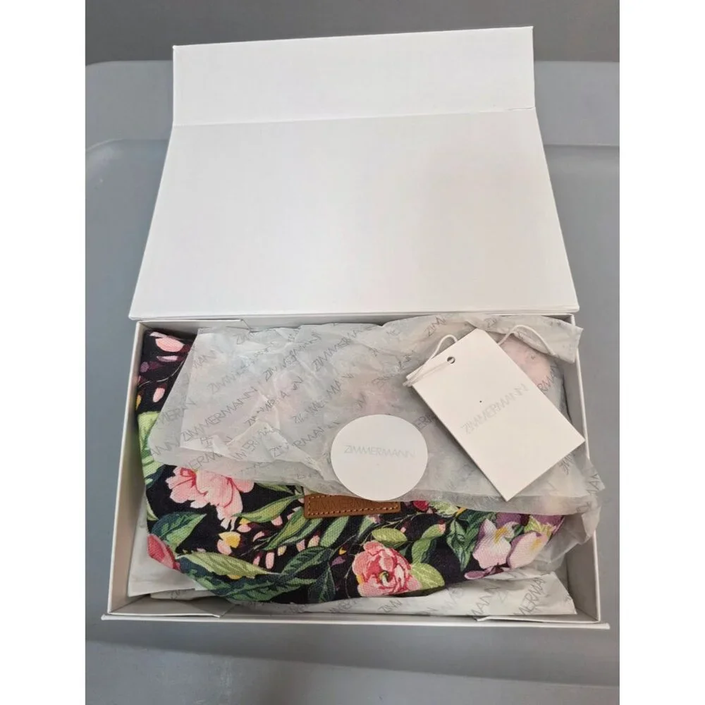 Zimmermann NWT Floral Clutch Leather Cotton Canvas Zip Cosmetics Bag Box 9x11.5
